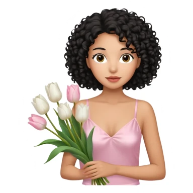 Mixed-race woman with caramel skin, black curly hair down, wearing a pastel pink silk camisole, holding a bouquet of white tulips sticker