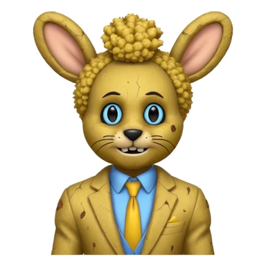 springtrap yellow damage hare suit with hare ears blue eyes with strands of 3C afro textured hair size of a small toothpick sttcking up sticker