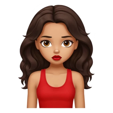 generate a pretty tan bratz girl with dark brown wavy hair long wearing a red tank top, red lipstick. Looking sad sticker