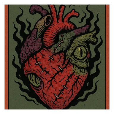 a cursed monster heart, stitched together from different creatures, with a sinister aura, in a horror comic style sticker