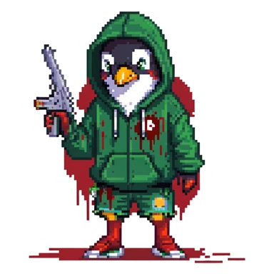 A cute half-dolphin half-penguin thug with a gun, green hoodie with blood stains, wearing Dollar General shorts sticker