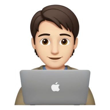 A man in his mid 20s, middle part average dude with slightly droopy eyes, happy, using a MacBook, hero for an iOS developers website sticker