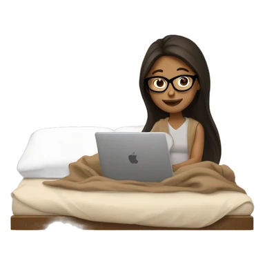 Brunette girl with black glasses working from her bed with her laptop covered in a light Brown blanket  sticker