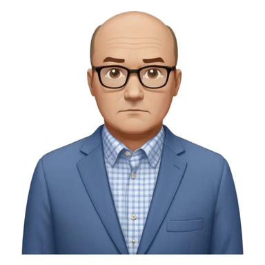 Larger 50-year-old man with extremely wide square face and big square jawline. Balding with hair on top but very little on sides. Large dark square-framed glasses. Serious expression. Wearing a light gray blazer that accommodates his bigger build, white button-up shirt with blue checkered pattern. sticker