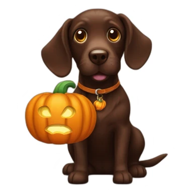 A chocolate doodle dog with a jack on lantern on its head sticker