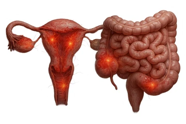 utero umano anatomico iperrealistico e intestino umano anatomico iperrealistico hanno in comune il dolore e l'infiammazione, rendi bene il collegamento tra i due organi doloranti, falla iperrealistica, non disegnata sticker