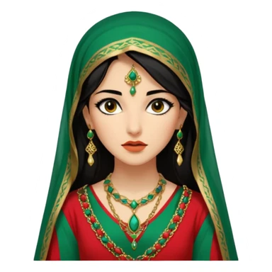 Mujer joven, morena, de gran belleza y porte misterioso.
 mirada intensa y fija; labios marcados.
 Negro, largo, suele ir cubierto parcialmente por un velo
 Ropa de inspiración árabe: túnica colorida (rojo, dorado, verde esmeralda), con detalles dorados  brazaletes y pendientes. sticker