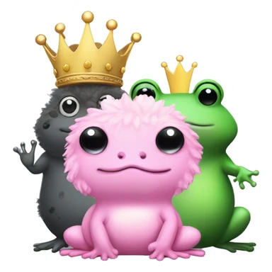 Fluffy pink frog stuffed animal with crown sits next to green fluffy twin. Behind them sits a fluffy dark gray seal with black spots.  sticker