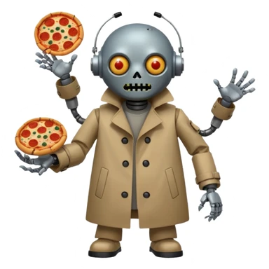 a glitch abomination with hands for a head, a baskeball stomach, pizza eyes, eyepatch, and zombie wounds, wearing trench coat, and robot crowd sticker