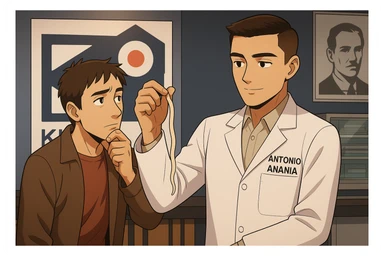 fai un webtoon manga a colori con questo stile, in cui un uomo ascolto il kinesiologo con il camice bianco (fagli anche la scritta "ANTONIO ANANIA" SUL CAMICE, il kinesiologo con il camice mostra un verme lungo e beige chiaro all'uomo, IL KINESIOLOGO SPIEGA ALL'UOMO UNA cosa. L'UOMO ha un ESPRESSIONE pensierosa IN VOLTO mentre si tocca il mento con l'indice. non fare i fumetti però, fai solo in modo che sembri stiano parlando sticker