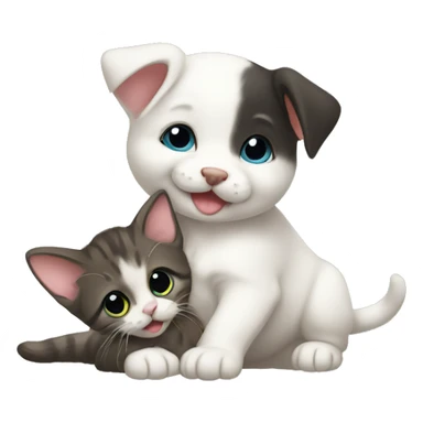 kitten having a baby on its back being held by a puppy with a mouse on the floor sticker