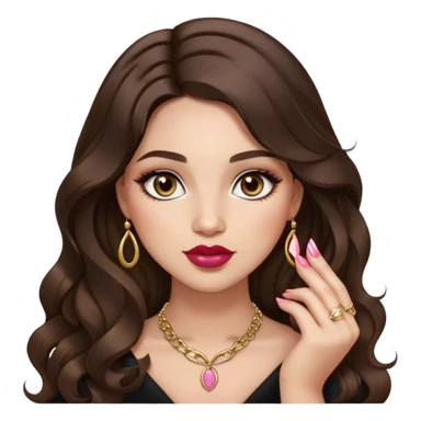 Light skinned girl, long wavy dark natural brown hair center-part with face framing pieces, big hazel eyes, small gold necklace, prominent blush, big lips, fancy long acrylic nails done, holding lipstick. She is curvy sticker