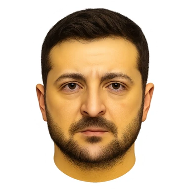 emoji-style portrait of Vladimir Zelensky with a yellow round face, very recognizable and detailed facial features, realistic eyes, hair, and beard, high quality sticker