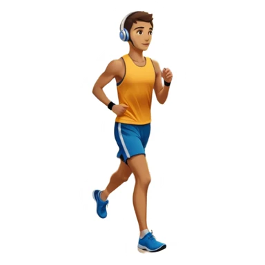 A runner wearing sports headphones jogs along a scenic waterfront promenade. The path is lined with trees, and the calm water reflects the golden hues of sunrise. In the background, a city skyline and distant mountains create a picturesque view. Transparent background enhances the motion. sticker