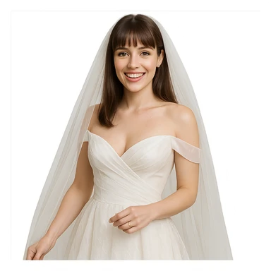 bride with light skin, hazel eyes, brunette straight hair with bangs, in a wedding dress, elegant and joyful sticker