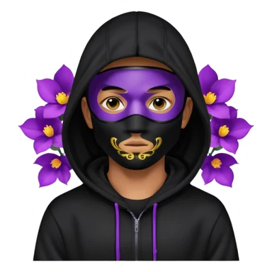 no visible face non human cartoon character related to a shadow, with all black clothes, focusing a black hoodie, and a versace face mask covering his entire face, just his purple shadow eyes making a light bloom sticker