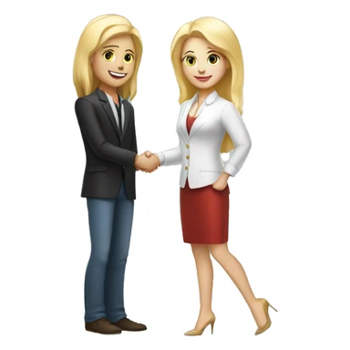 restaurant owner with white skin and blogger with white skin and blonde hair shaking hands in full height sticker