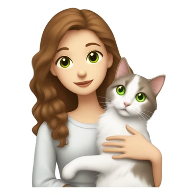brown-haired girl with gray eyes hugs a Turkish Angora cat with green eyes sticker