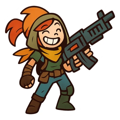 funny, positive stalker girl with a huge machine gun, smiling and energetic sticker