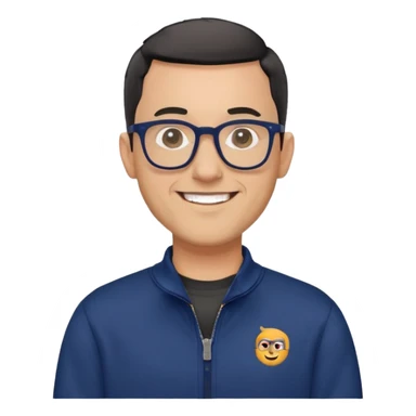 Light-skinned man with very short black hair (shorter buzz cut), short graying beard, big black glasses frames, happy smile, navy blue zip-up sweatshirt with long sleeves sticker