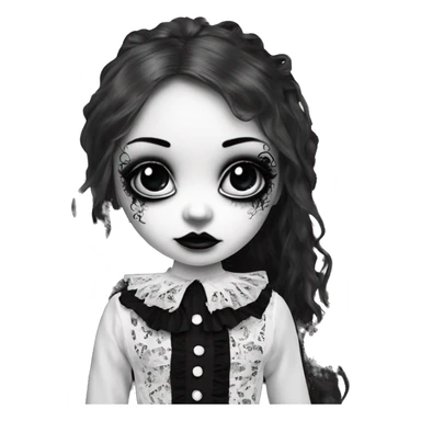 porcelain doll with a cracked face, goth makeup, long hair, lace and ruffles, lolita style, inked, black and white sticker