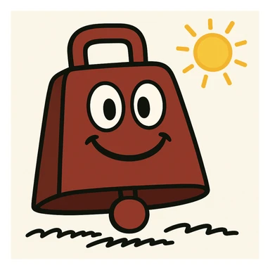 Add a handle to the maroon cowbell in playful cartoon style with bold lines, keep the background as is. sticker