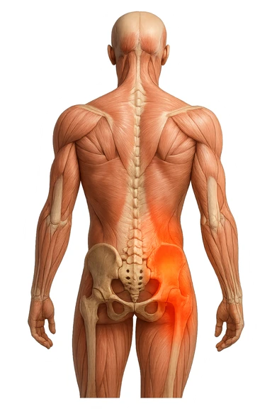 CORPO UMANO ANATOMICO REALISTICO DI SPALLE CON DOLORE ALLA LOMBARE INFIAMMATA, DOLORE ALL'ANCA, IPERREALISTICO 4K sticker