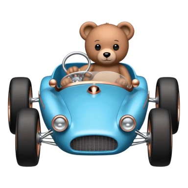 dar crystal blue and rosegold-accented  retro racing car driven by a small evil scary teddy bear with rear spoiler, roll cage, and wheely bar sticker