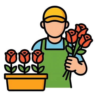 rose farm emoji showing a worker grading roses and bunching them together, colorful outlined icon style sticker