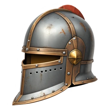 antique medieval knight helmet with light rust patches and weathered metal sticker