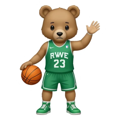 Bear with full body and wearing basketball green and white  jersey that says RWE  sticker