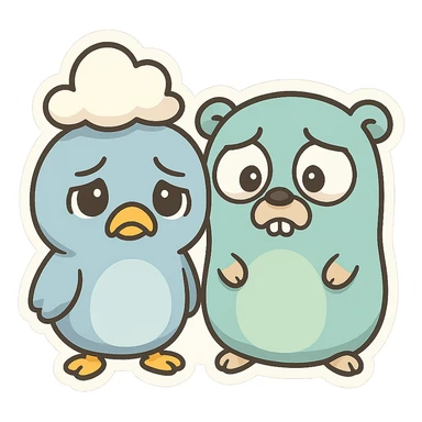 cartoon-style Traefik and Go gopher together, both looking sad, bold lines, expressive sticker