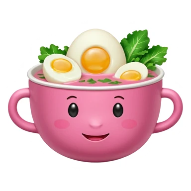 pink soup with egg and greens inside, boiled potatoes by its side, winking face emoticon sticker