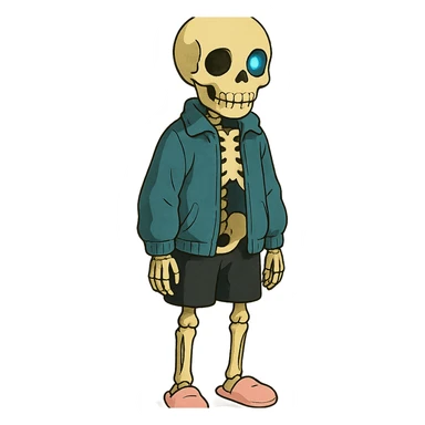 ghibli style short skeleton with blue jacket, black basketball shorts, light pink slippers, blue glowing left eye sticker