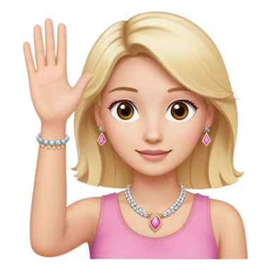 A giro with the hair blonde brown eyes waving Hi with jewelry on her and pink top sticker