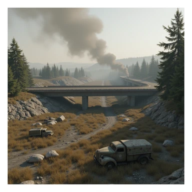  a screenshot of a location in a videogame  the image of the scene consists of:  [above-ground freeway partially collapsed], a wooded area, a small field of wheat, sandbag barricades. distant smoke. uneven terrain, derelict vintage work trucks, more distant smoke. polluted and war-torn sticker