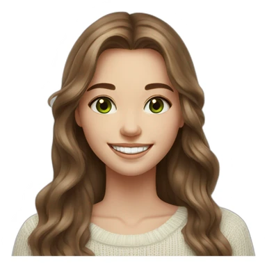 beautiful girl, white, with long loose wavy hair, brown hair, brown green eyes, smiles at the camera, good teeth, white sweater, realistic drawing sticker