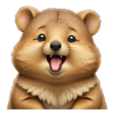 cinematic-realistic  yawning quokka-emoji,-small-round-frame, head tilted in an endearing manner, wouth wide open yawning, sleepy comical smile, round fluffy cheeks, giant-fluffy-cheeks-large-smile-fluffy-brown-fur-radiating-a-warm-softness,-big-round-eyes-filled-with-joy, realistic round  fluffy zoomed in, large black eyes one paw raised in the air sticker