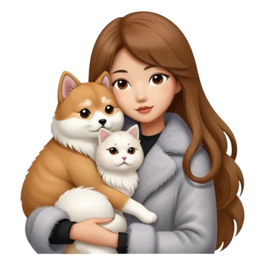 A Chinese fashion girl with brown hair, wearing a light gray fur coat, hugging a Shiba Inu and a long-haired white Persian cat. sticker