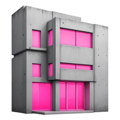 Minimalist concrete building with one window glowing bright pink, brutalist architecture sticker