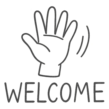 hand drawn outlined icon of a waving hand with 'Welcome' text sticker