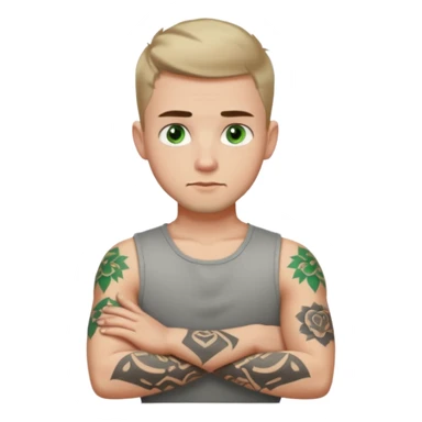 White young man with short dark taper fade hair cut and slight goatee and neutral expression with his arms folded. Green eyes and arm tattoos sticker