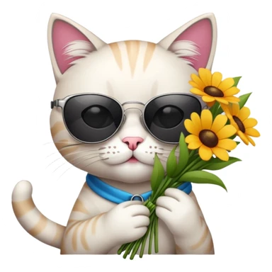 cat wearing sunglasses holding a bouquet of flowers sticker