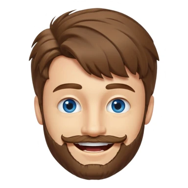 25 year old man, short scruffy beard and sparse moustache, brown puffy mullet, blue eyes, big smile, white teeth, big lips, pronounced jaw, hair longer in back, sticking up on top sticker
