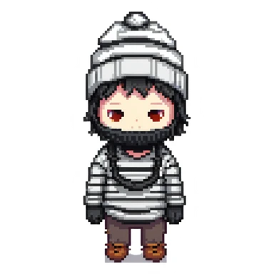 character with black and white striped shirt, black beanie, black mask over eyes sticker
