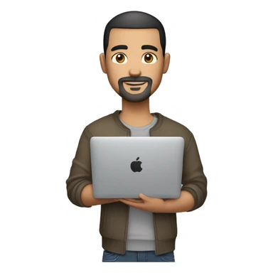 mexican man buzz cut hair with black stubble beard and black eyes in casual clothes, holding macbook laptop. sticker