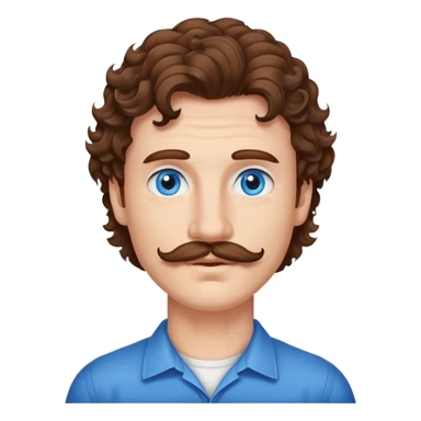 Man with brown hair, blue eyes, curly mullet and a mustache sticker