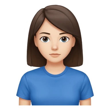 young brunette brawn-eyed woman with straight hair with a blue t-shirt with  sticker