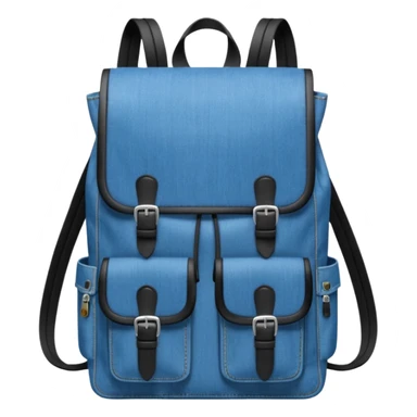 a blue denim backpack with a flap top, two vertical *black buckle straps* on the front, only at the top. The backpack has two side pockets and a soft square shape. 

 sticker