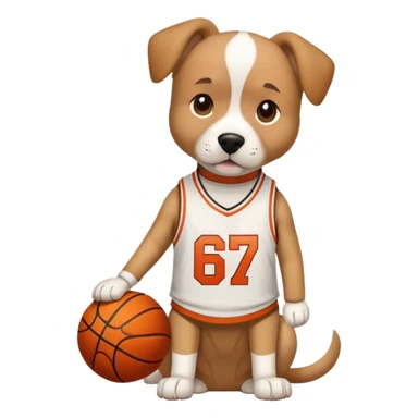 Dog wearing a basketball shirt with the number 67 sticker